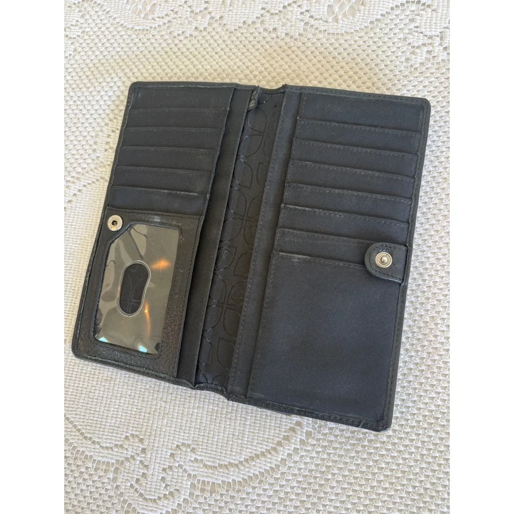 Fossil Black Leather Bifold Wallet Studded Zip Coin Pocket ID Window Minimalists
